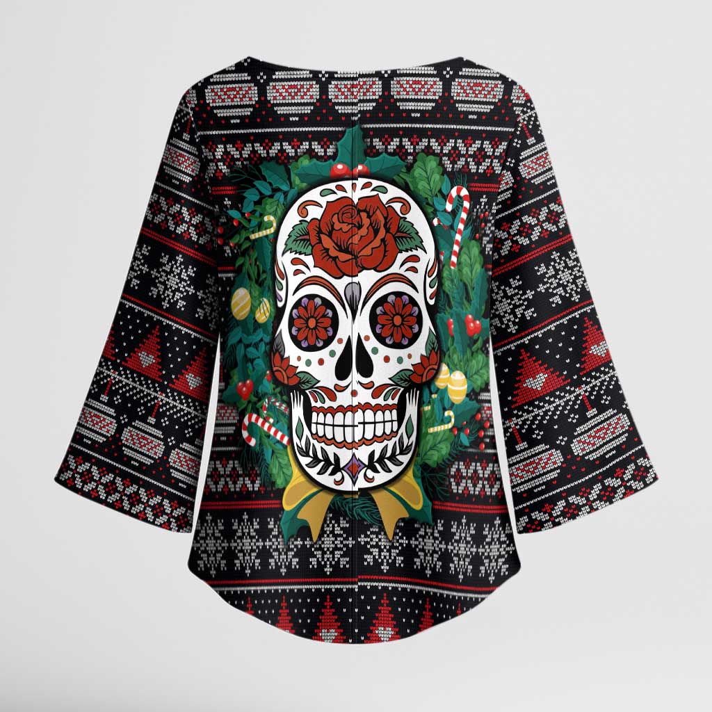 Skull Christmas Kimono Sleeve Blouse Xmas Holiday Patterns - Wonder Print Shop