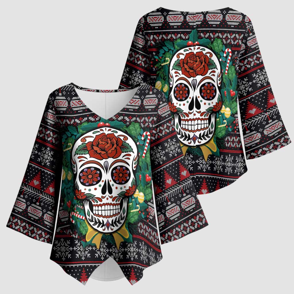 Skull Christmas Kimono Sleeve Blouse Xmas Holiday Patterns - Wonder Print Shop