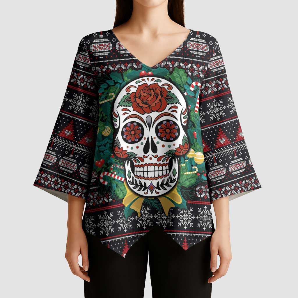 Skull Christmas Kimono Sleeve Blouse Xmas Holiday Patterns - Wonder Print Shop