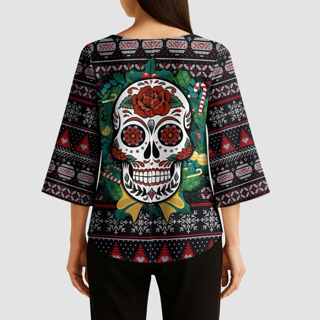 Skull Christmas Kimono Sleeve Blouse Xmas Holiday Patterns - Wonder Print Shop