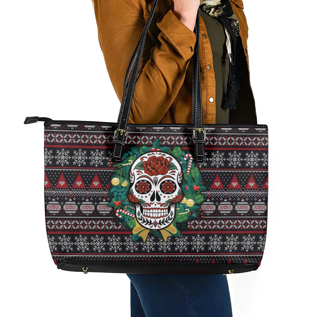 Skull Christmas Leather Tote Bag Xmas Holiday Patterns - Wonder Print Shop