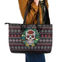 Skull Christmas Leather Tote Bag Xmas Holiday Patterns - Wonder Print Shop