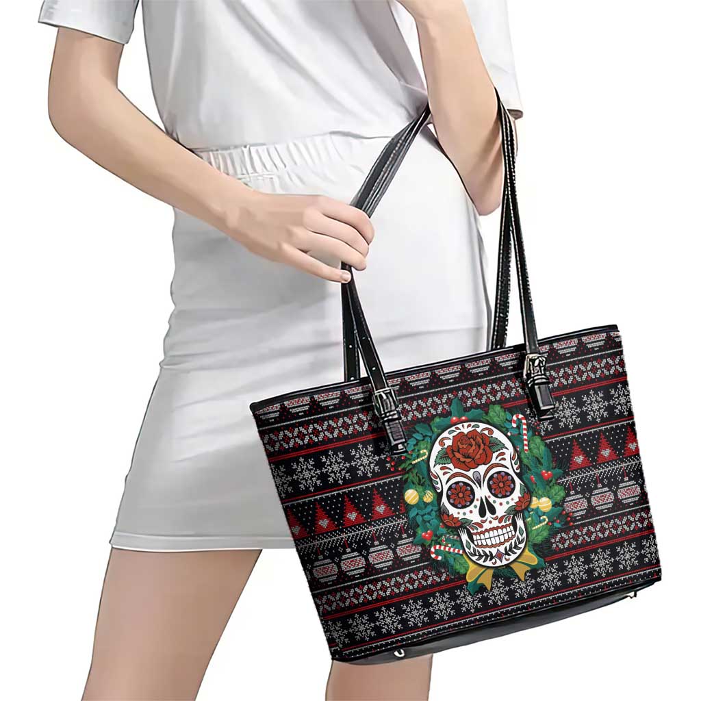 Skull Christmas Leather Tote Bag Xmas Holiday Patterns - Wonder Print Shop