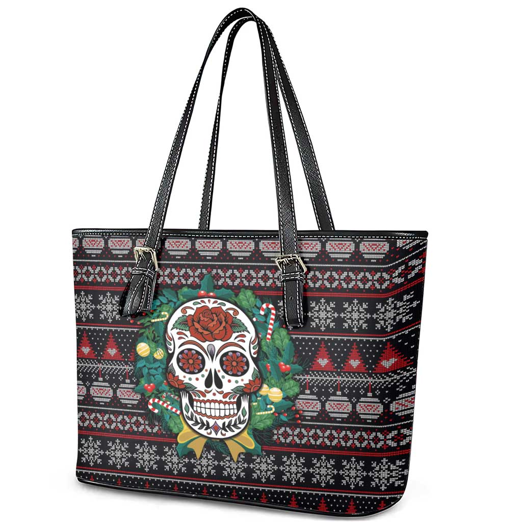 Skull Christmas Leather Tote Bag Xmas Holiday Patterns - Wonder Print Shop
