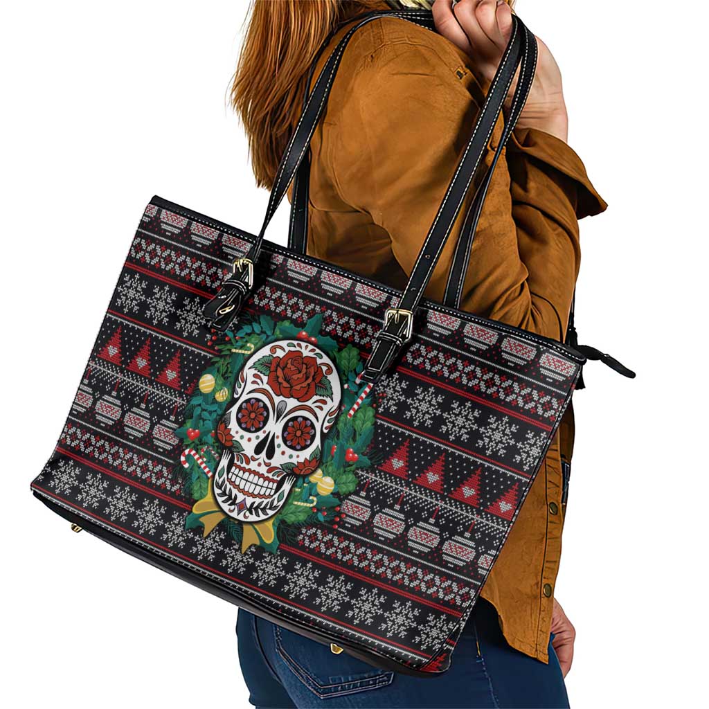 Skull Christmas Leather Tote Bag Xmas Holiday Patterns - Wonder Print Shop