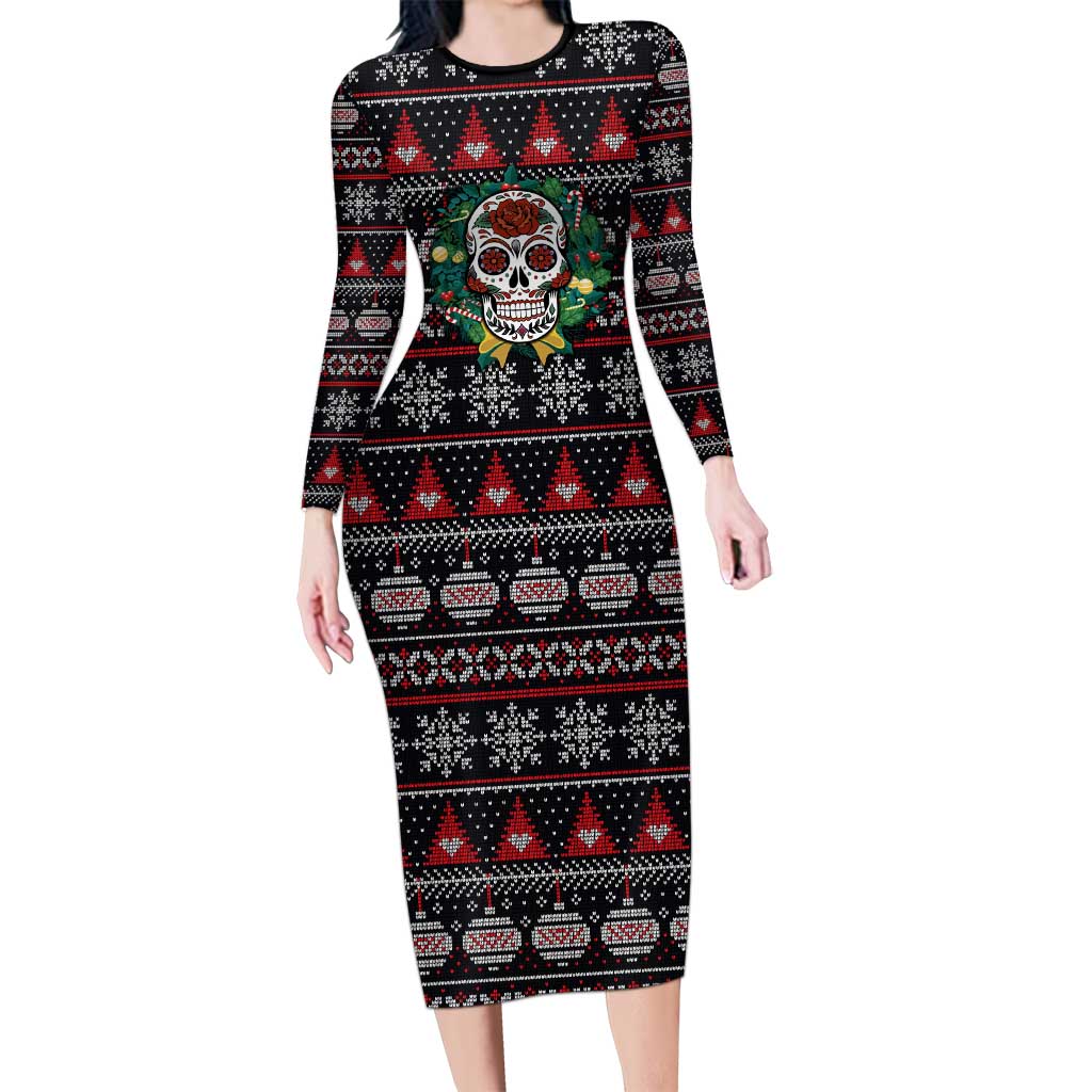 Skull Christmas Long Sleeve Bodycon Dress Xmas Holiday Patterns - Wonder Print Shop