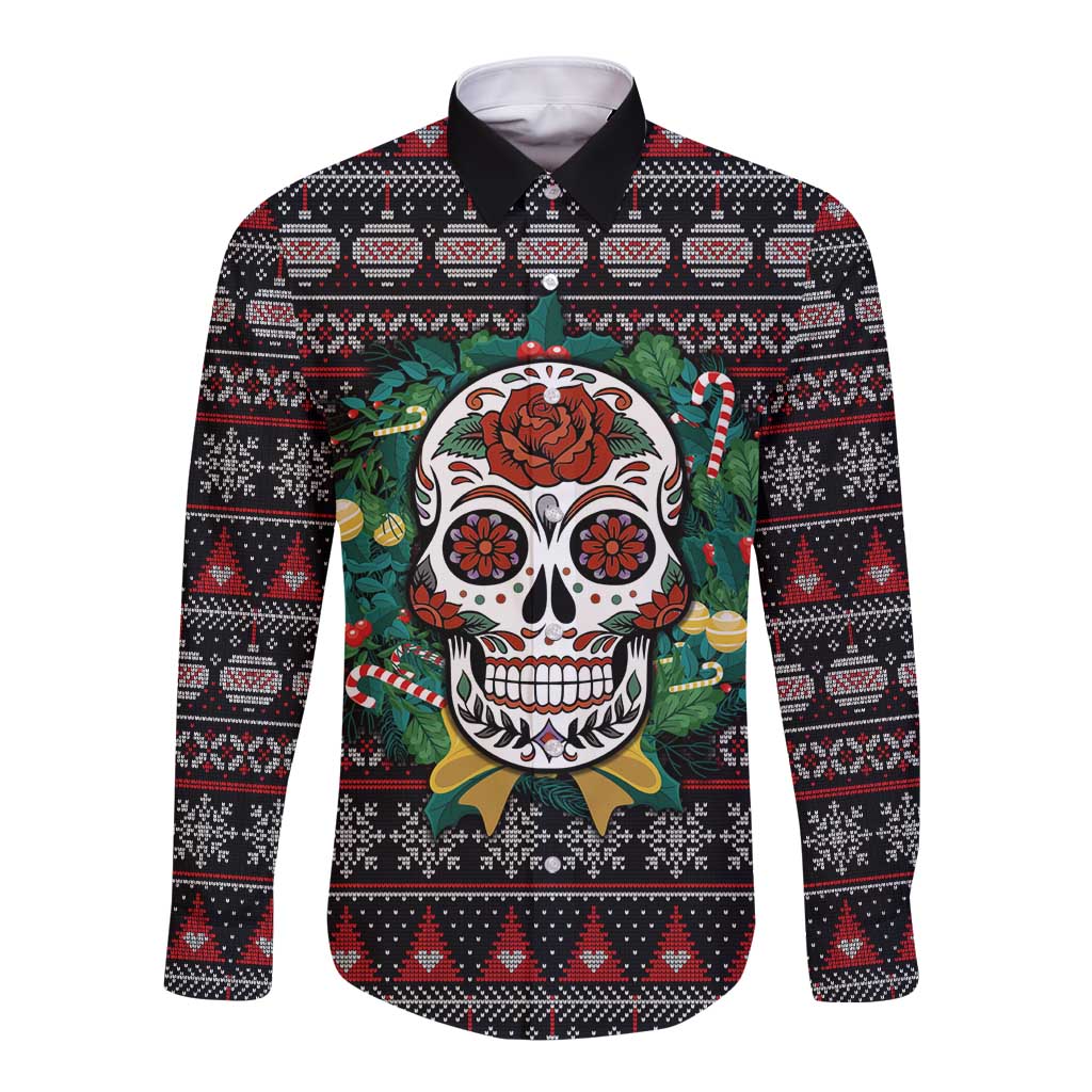 Skull Christmas Long Sleeve Button Shirt Xmas Holiday Patterns - Wonder Print Shop