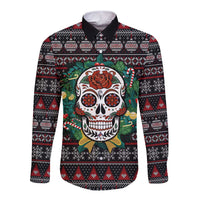 Skull Christmas Long Sleeve Button Shirt Xmas Holiday Patterns - Wonder Print Shop