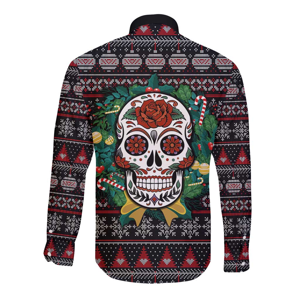 Skull Christmas Long Sleeve Button Shirt Xmas Holiday Patterns - Wonder Print Shop