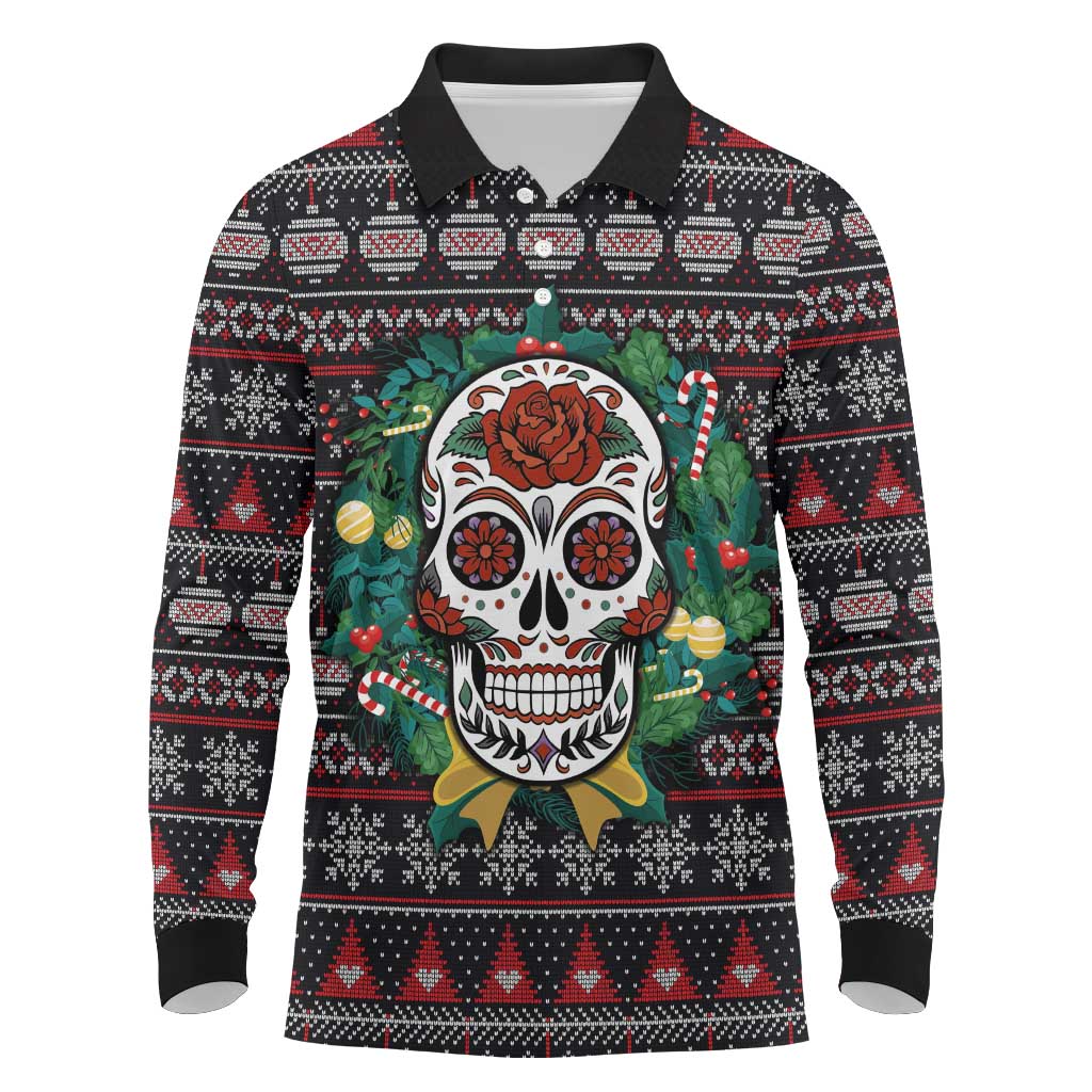 Skull Christmas Long Sleeve Polo Shirt Xmas Holiday Patterns - Wonder Print Shop