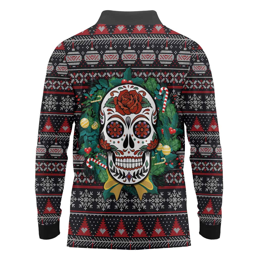 Skull Christmas Long Sleeve Polo Shirt Xmas Holiday Patterns - Wonder Print Shop