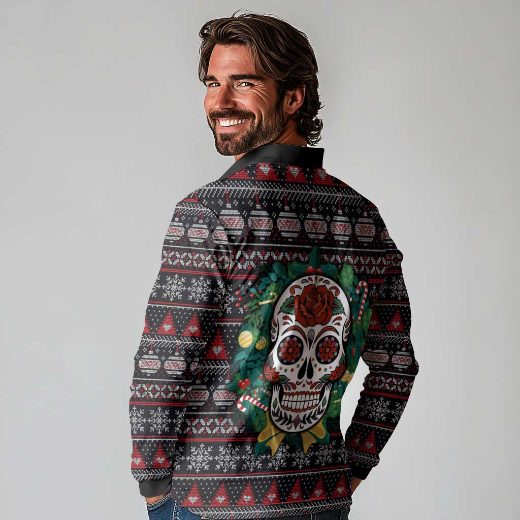 Skull Christmas Long Sleeve Polo Shirt Xmas Holiday Patterns - Wonder Print Shop