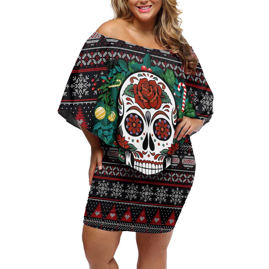 Skull Christmas Off Shoulder Short Dress Xmas Holiday Patterns - Wonder Print Shop