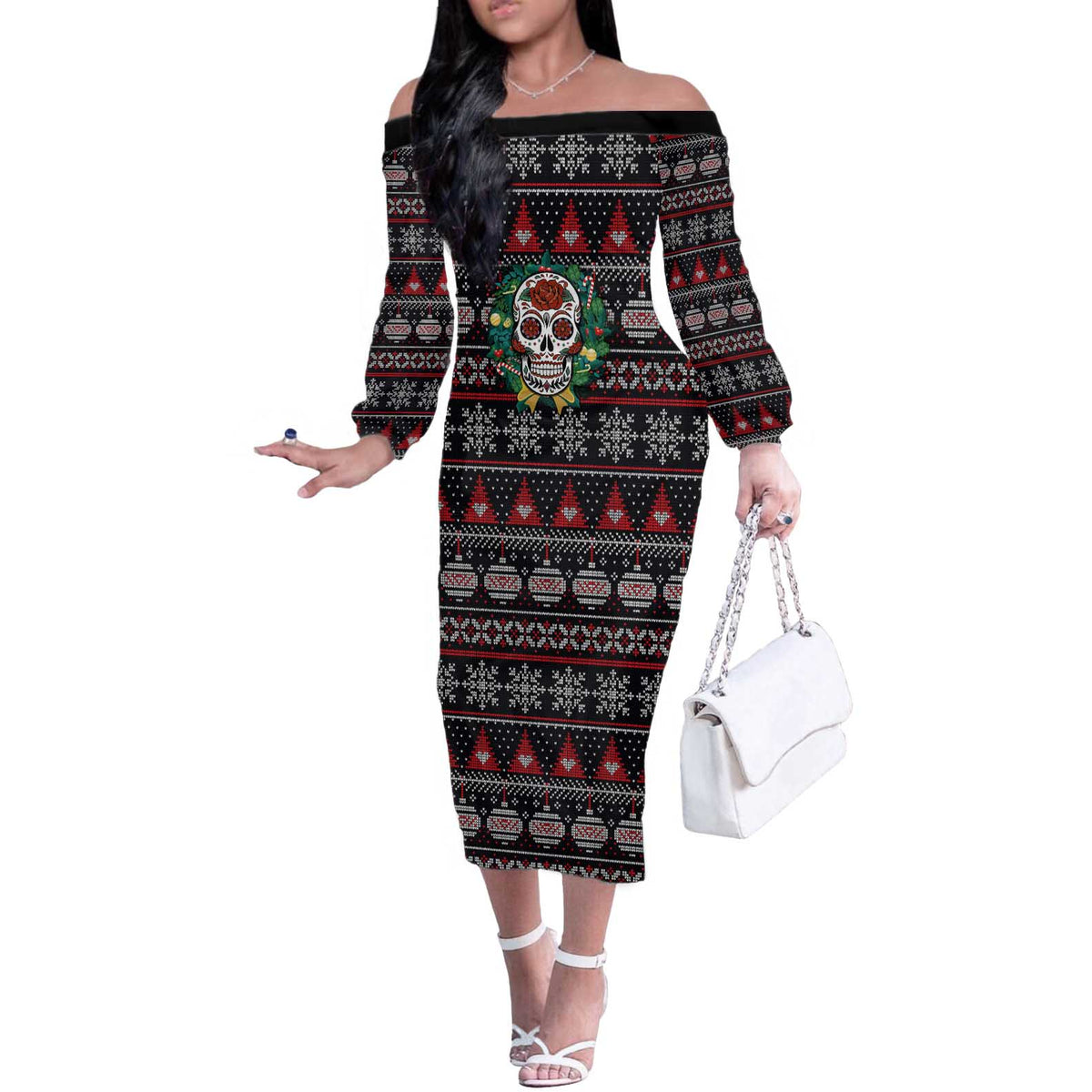 Skull Christmas Off The Shoulder Long Sleeve Dress Xmas Holiday Patterns - Wonder Print Shop