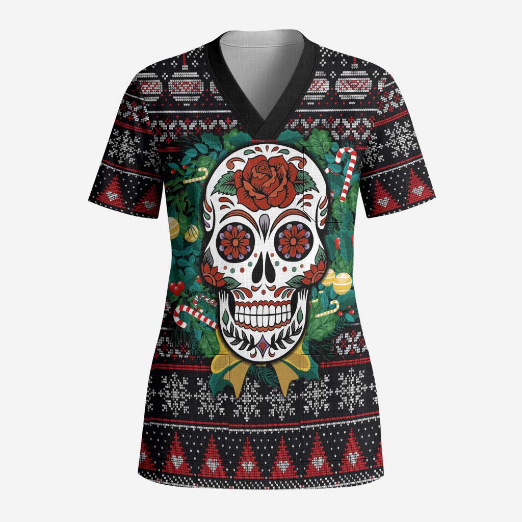 Skull Christmas Scrub Top Xmas Holiday Patterns - Wonder Print Shop