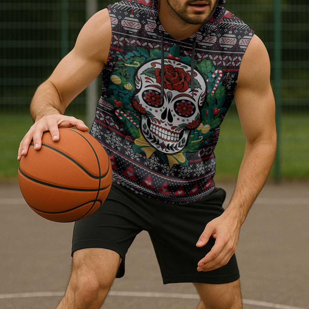 Skull Christmas Sleeveless Hoodie Xmas Holiday Patterns - Wonder Print Shop