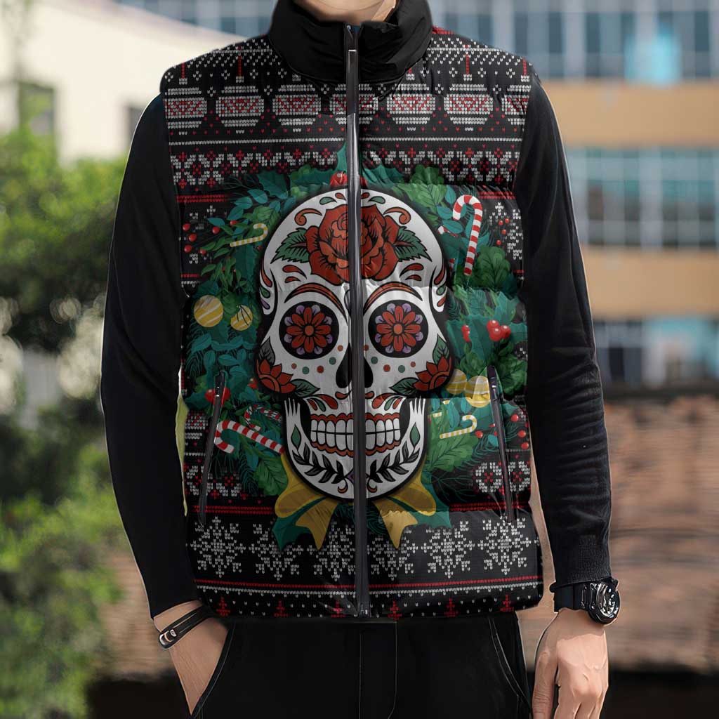 Skull Christmas Sleeveless Puffer Jacket Xmas Holiday Patterns - Wonder Print Shop