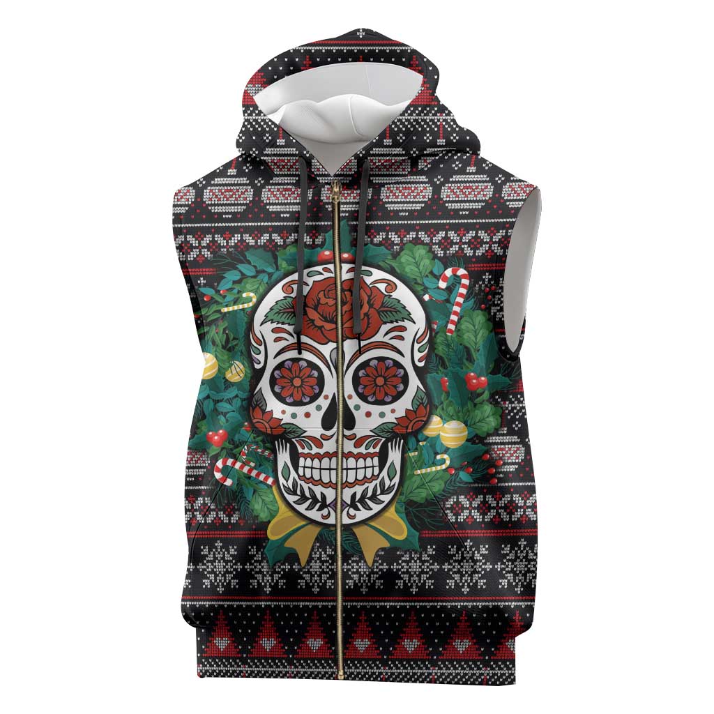 Skull Christmas Sleeveless Zip Hoodie Xmas Holiday Patterns - Wonder Print Shop