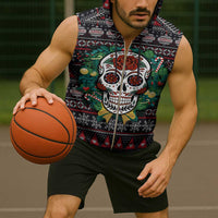 Skull Christmas Sleeveless Zip Hoodie Xmas Holiday Patterns - Wonder Print Shop