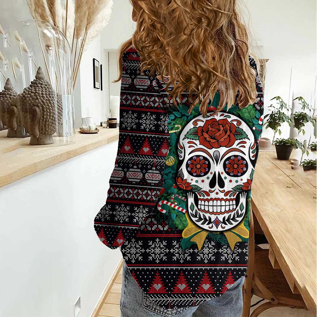 Skull Christmas Women Casual Shirt Xmas Holiday Patterns - Wonder Print Shop