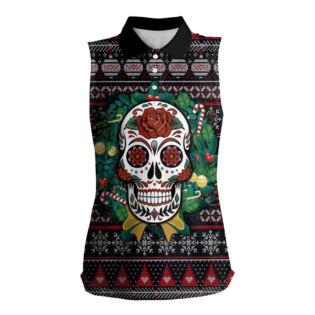Skull Christmas Women Sleeveless Polo Shirt Xmas Holiday Patterns - Wonder Print Shop