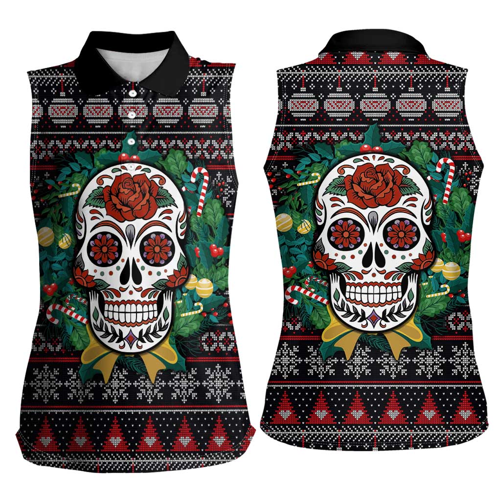Skull Christmas Women Sleeveless Polo Shirt Xmas Holiday Patterns - Wonder Print Shop
