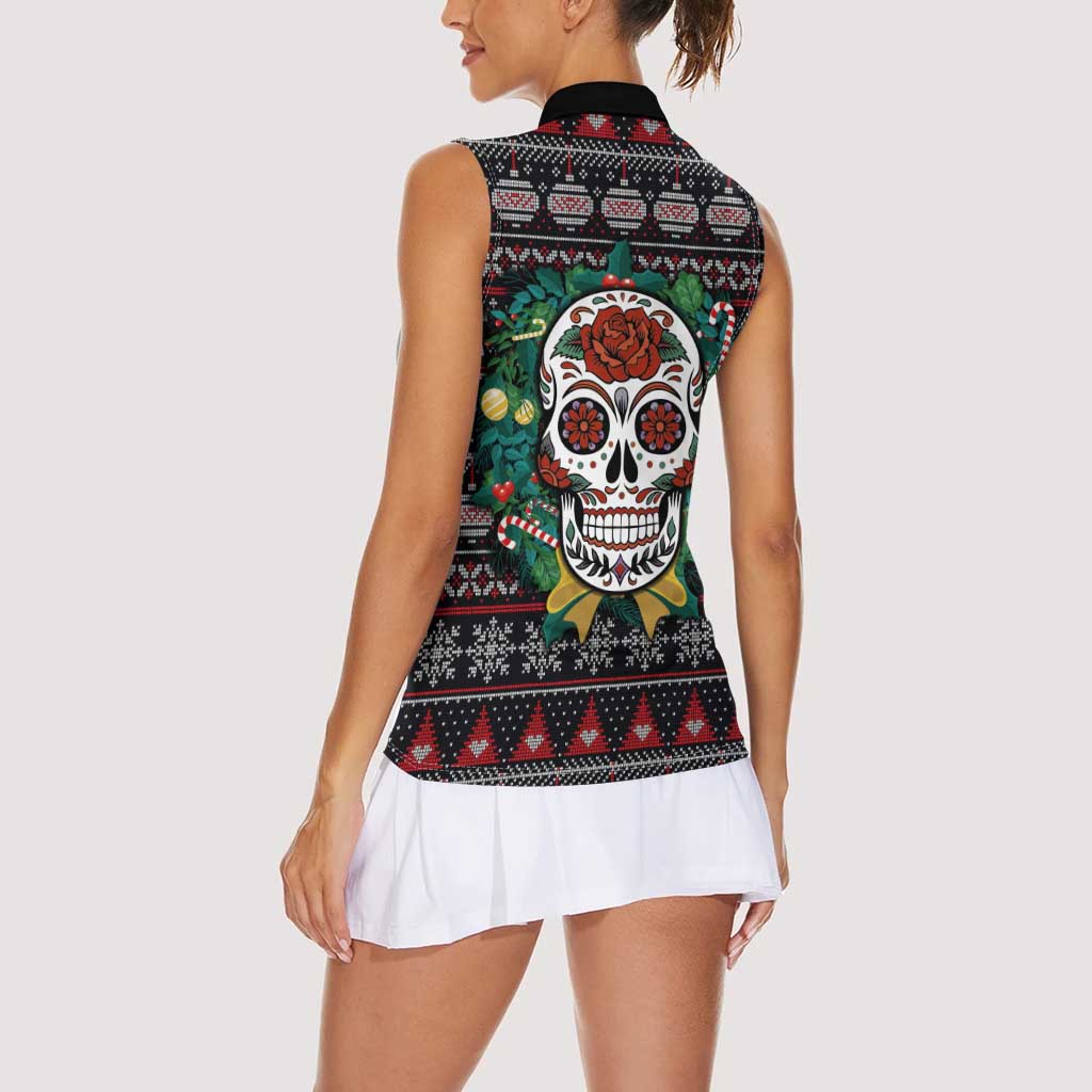 Skull Christmas Women Sleeveless Polo Shirt Xmas Holiday Patterns - Wonder Print Shop