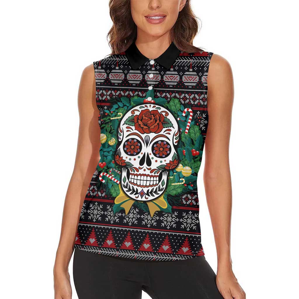 Skull Christmas Women Sleeveless Polo Shirt Xmas Holiday Patterns - Wonder Print Shop