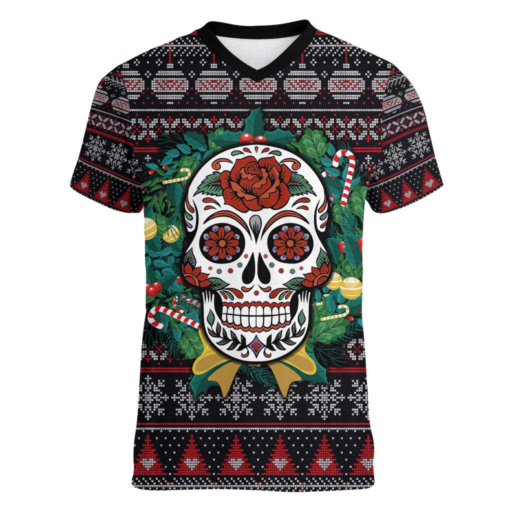 Skull Christmas Women V-Neck T-Shirt Xmas Holiday Patterns - Wonder Print Shop