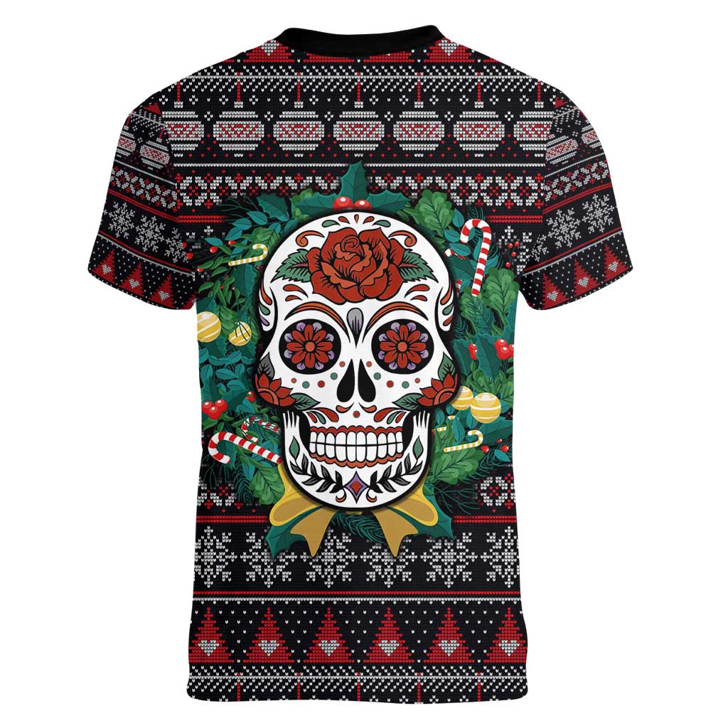 Skull Christmas Women V-Neck T-Shirt Xmas Holiday Patterns - Wonder Print Shop