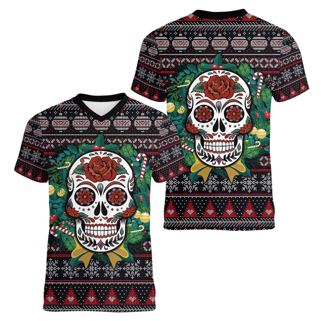 Skull Christmas Women V-Neck T-Shirt Xmas Holiday Patterns - Wonder Print Shop