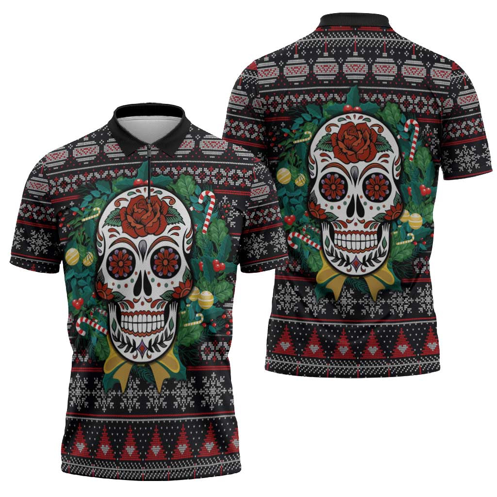 Skull Christmas Zipper Polo Shirt Xmas Holiday Patterns - Wonder Print Shop