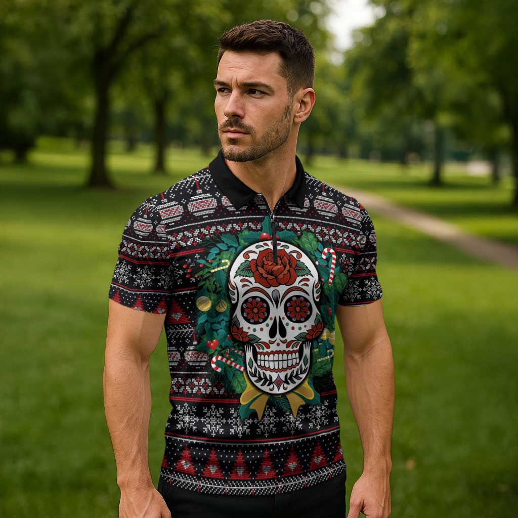 Skull Christmas Zipper Polo Shirt Xmas Holiday Patterns - Wonder Print Shop