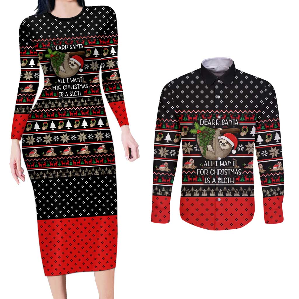Sloth All I Want For Christmas Couples Matching Long Sleeve Bodycon Dress and Long Sleeve Button Shirt Xmas Holiday Patterns - Wonder Print Shop