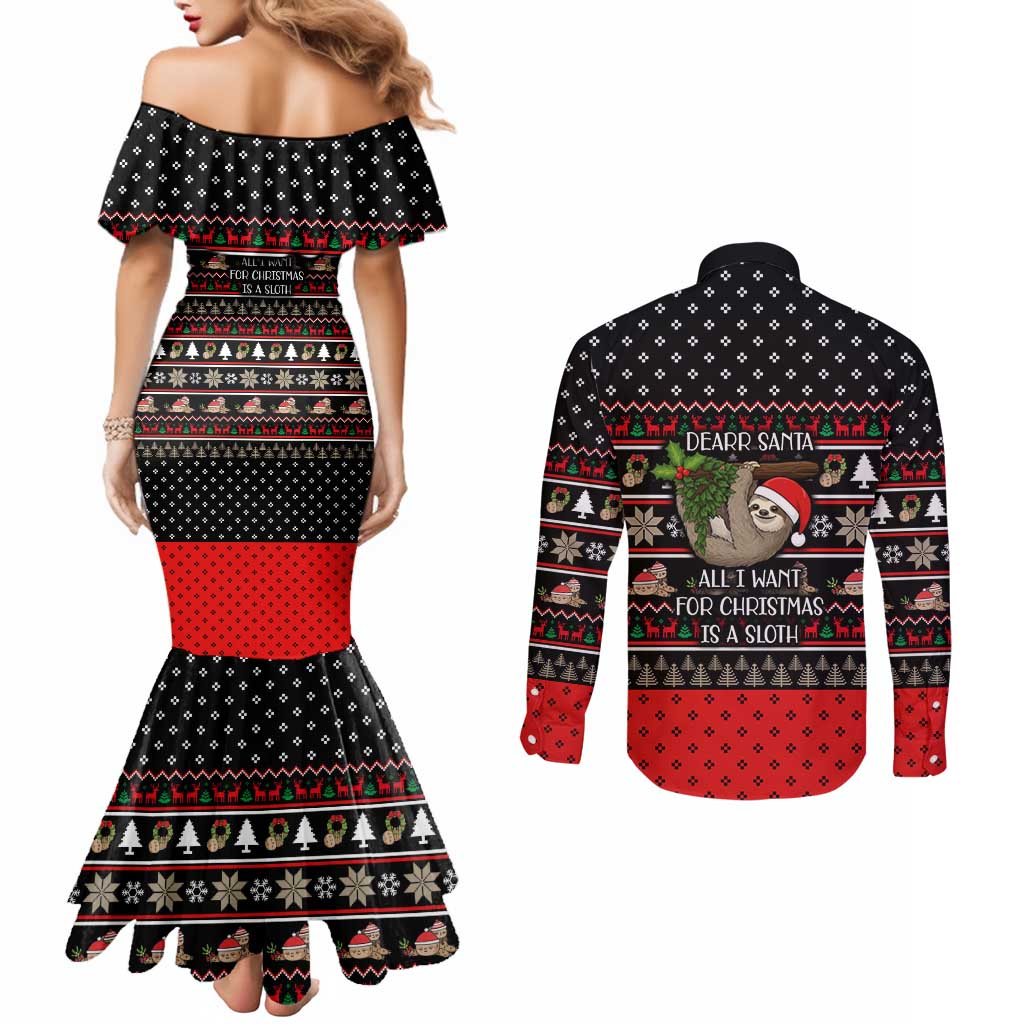 Sloth All I Want For Christmas Couples Matching Mermaid Dress and Long Sleeve Button Shirt Xmas Holiday Patterns - Wonder Print Shop