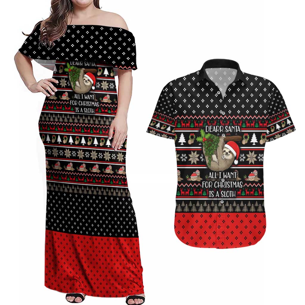 Sloth All I Want For Christmas Couples Matching Off Shoulder Maxi Dress and Hawaiian Shirt Xmas Holiday Patterns - Wonder Print Shop