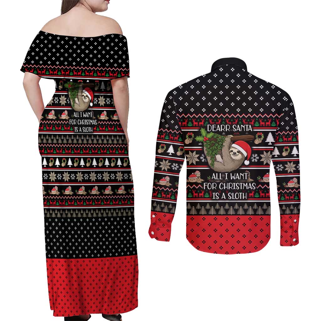 Sloth All I Want For Christmas Couples Matching Off Shoulder Maxi Dress and Long Sleeve Button Shirt Xmas Holiday Patterns - Wonder Print Shop