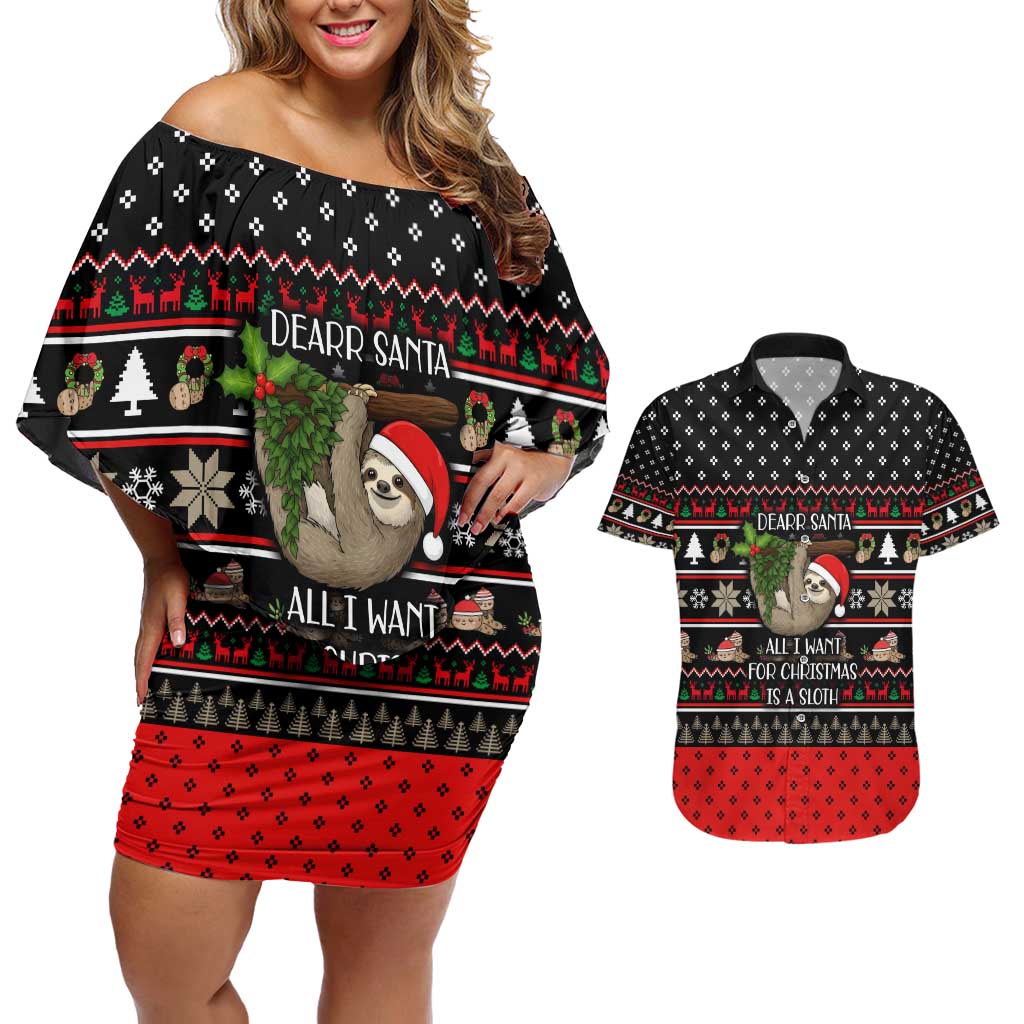 Sloth All I Want For Christmas Couples Matching Off Shoulder Short Dress and Hawaiian Shirt Xmas Holiday Patterns - Wonder Print Shop