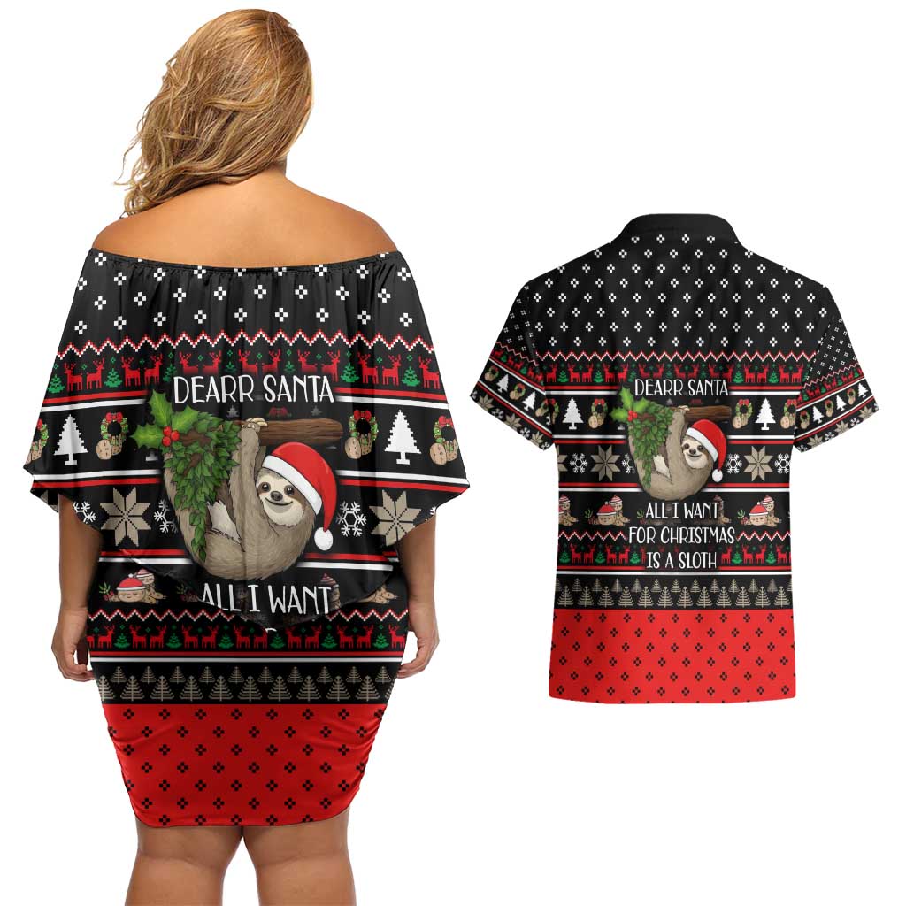 Sloth All I Want For Christmas Couples Matching Off Shoulder Short Dress and Hawaiian Shirt Xmas Holiday Patterns - Wonder Print Shop