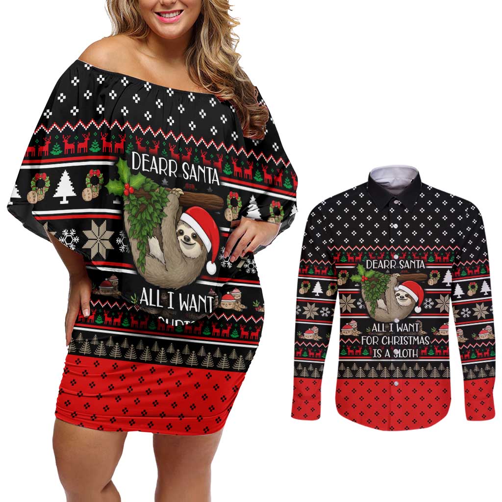 Sloth All I Want For Christmas Couples Matching Off Shoulder Short Dress and Long Sleeve Button Shirt Xmas Holiday Patterns - Wonder Print Shop