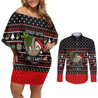Sloth All I Want For Christmas Couples Matching Off Shoulder Short Dress and Long Sleeve Button Shirt Xmas Holiday Patterns - Wonder Print Shop