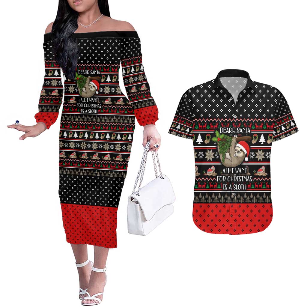 Sloth All I Want For Christmas Couples Matching Off The Shoulder Long Sleeve Dress and Hawaiian Shirt Xmas Holiday Patterns - Wonder Print Shop