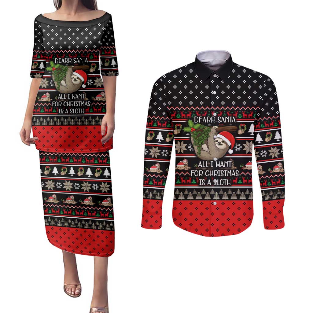 Sloth All I Want For Christmas Couples Matching Puletasi and Long Sleeve Button Shirt Xmas Holiday Patterns - Wonder Print Shop