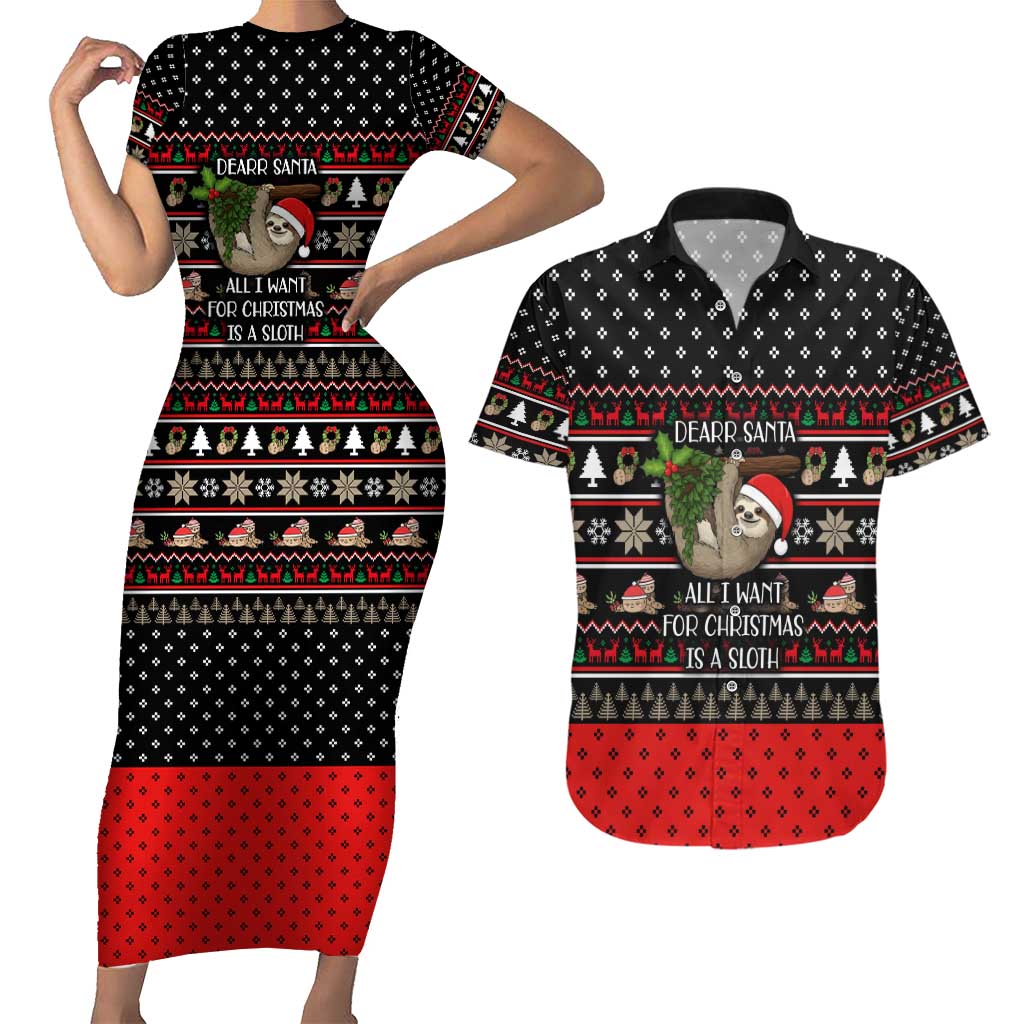 Sloth All I Want For Christmas Couples Matching Short Sleeve Bodycon Dress and Hawaiian Shirt Xmas Holiday Patterns - Wonder Print Shop