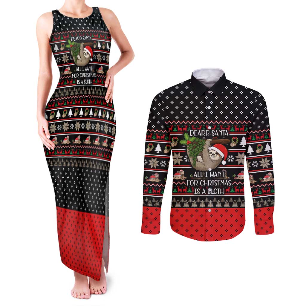 Sloth All I Want For Christmas Couples Matching Tank Maxi Dress and Long Sleeve Button Shirt Xmas Holiday Patterns - Wonder Print Shop