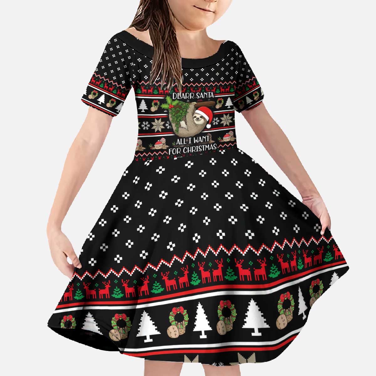 Sloth All I Want For Christmas Family Matching Off The Shoulder Long Sleeve Dress and Hawaiian Shirt Xmas Holiday Patterns - Wonder Print Shop