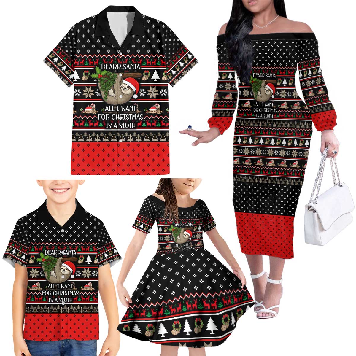 Sloth All I Want For Christmas Family Matching Off The Shoulder Long Sleeve Dress and Hawaiian Shirt Xmas Holiday Patterns - Wonder Print Shop