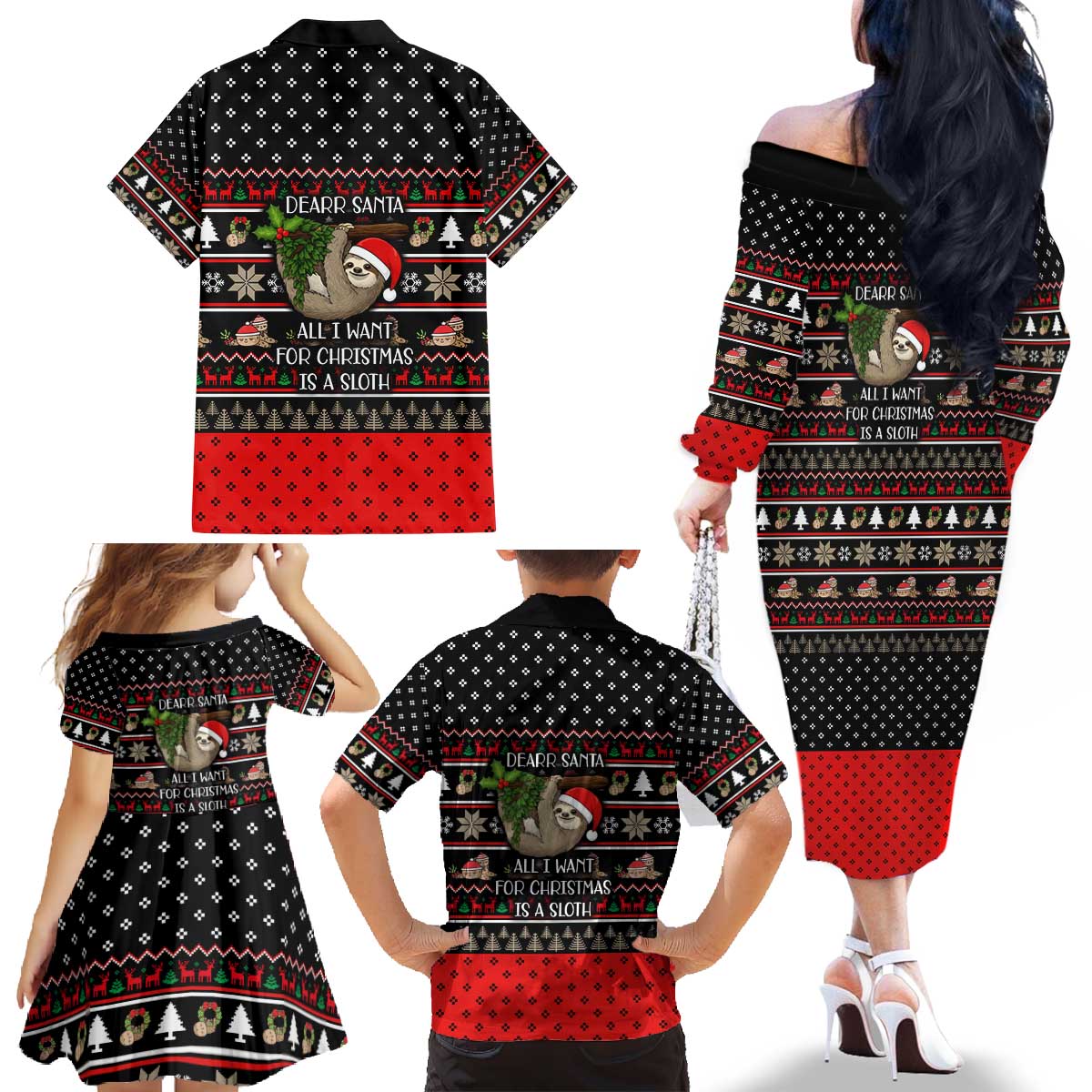 Sloth All I Want For Christmas Family Matching Off The Shoulder Long Sleeve Dress and Hawaiian Shirt Xmas Holiday Patterns - Wonder Print Shop
