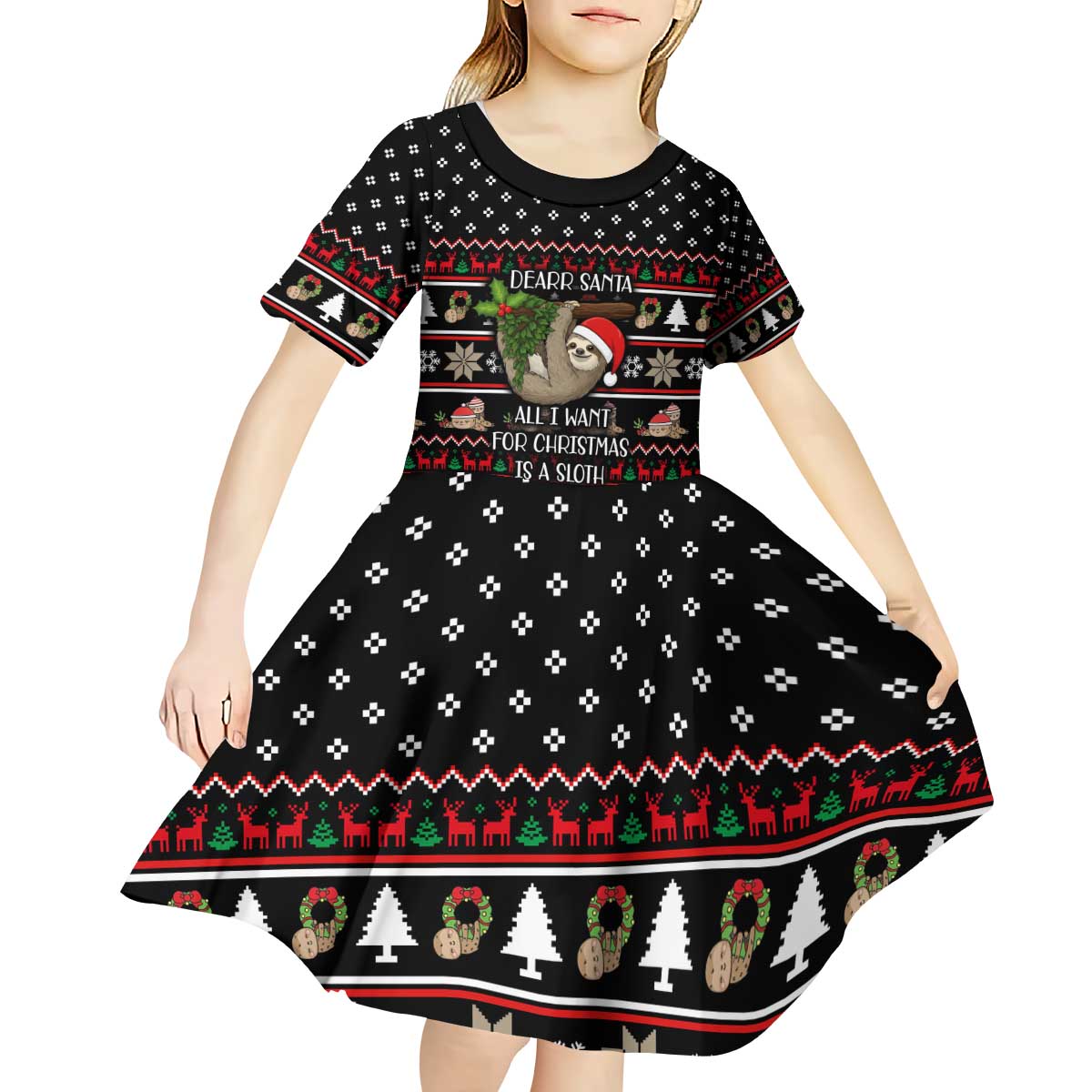 Sloth All I Want For Christmas Kid Short Sleeve Dress Xmas Holiday Patterns - Wonder Print Shop