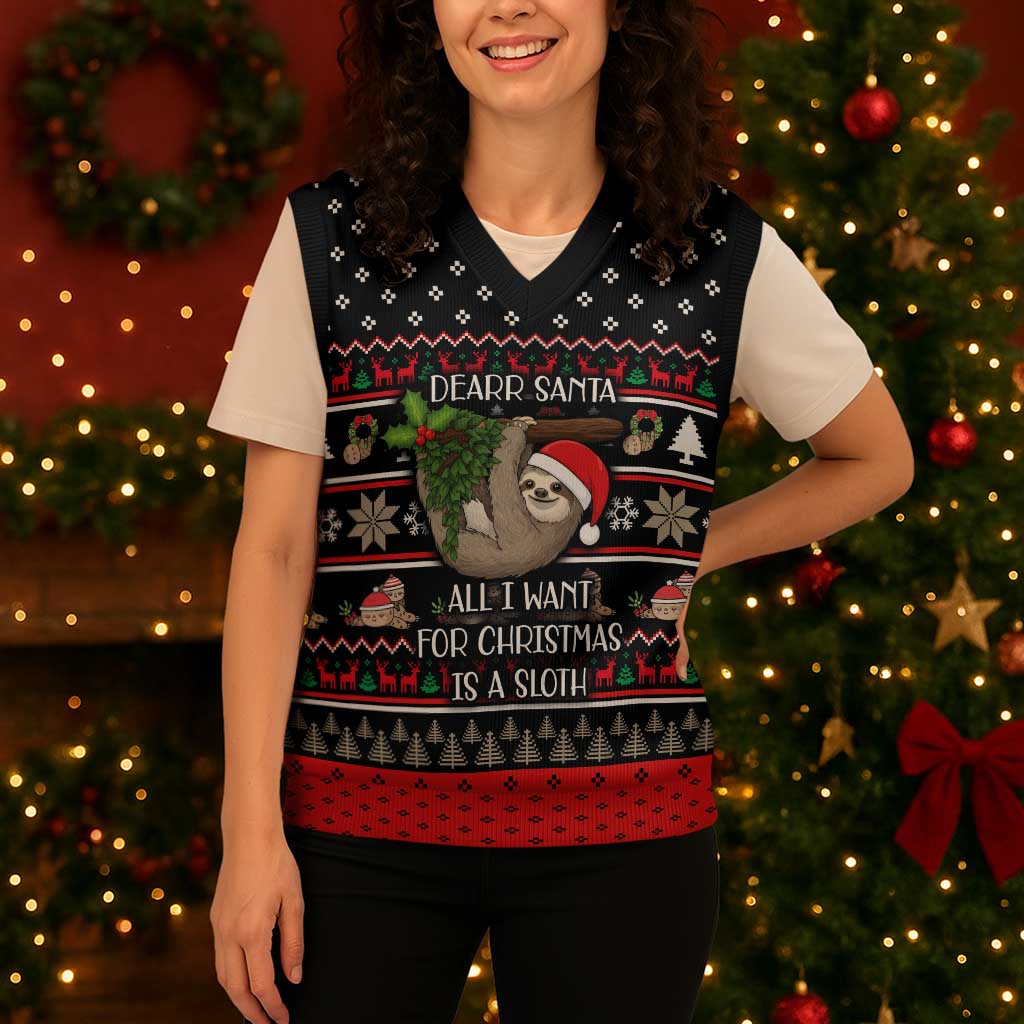 Sloth All I Want For Christmas Knitted V-Neck Vest Xmas Holiday Patterns - Wonder Print Shop